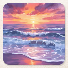バイオレット潮 | 紫色の日没海波絵を描 スクエアペーパーコースター