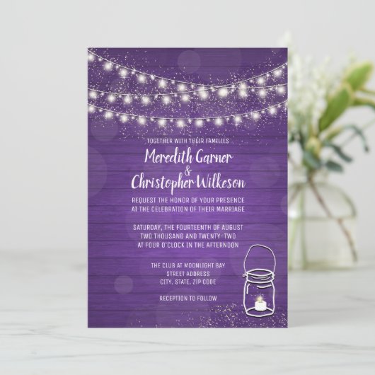 バイオレット素朴メイソンジャールライト結婚式招待状 招待状 (スタンド正面)