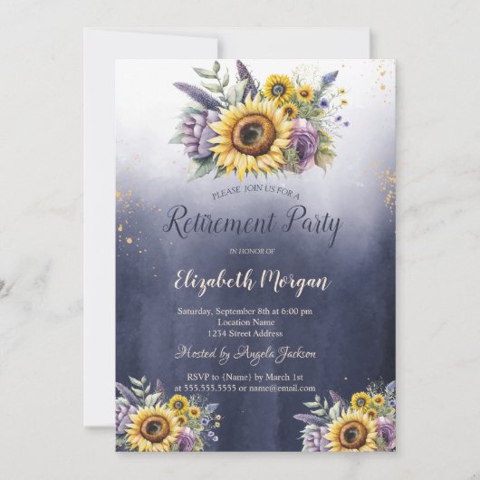 バイオレット花ひまわりグラデーション花ブルーリタイア 招待状 (正面)