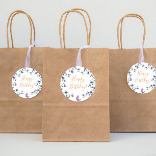 バイオレット花模様ブルーベルホワイトハッピーバースデー ラウンドシール