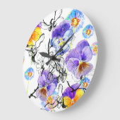 バイオレット花水彩ヴィンテージ模様 ラージ壁時計 (傾斜)