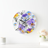 バイオレット花水彩ヴィンテージ模様 ラージ壁時計 (ホーム)