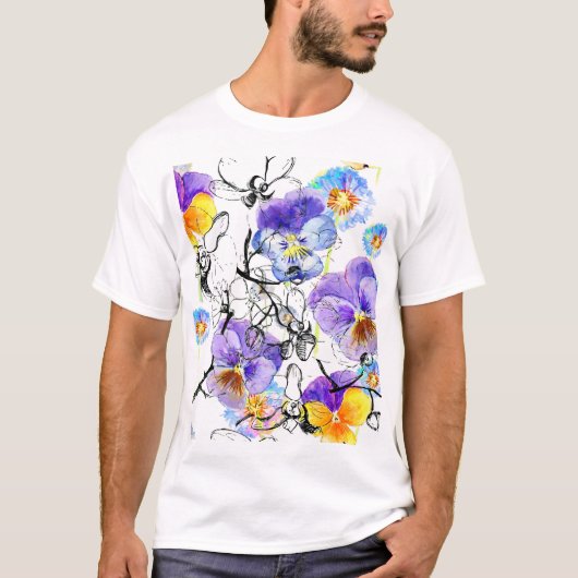 バイオレット花水彩ヴィンテージ模様 Tシャツ (正面)