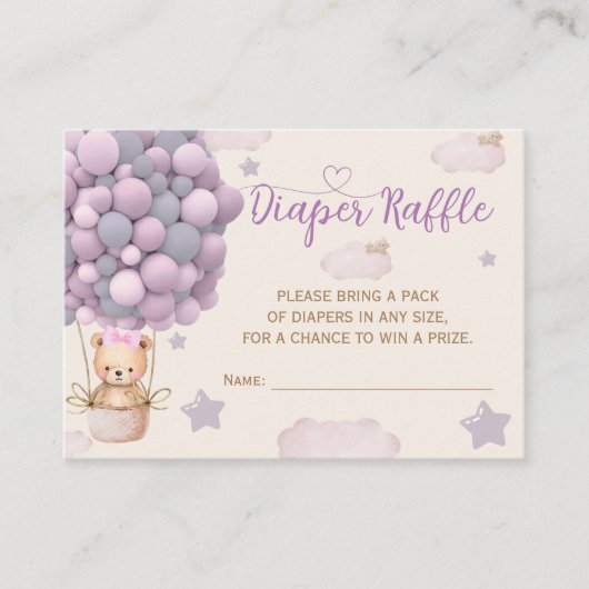 バイオレット薄紫ベビー女の子シャワーおむつラッフル エンクロージャーカード (正面)