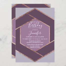 バイオレット薄紫紫バラ金ゴールド六角誕生日 招待状
