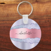 バイオレット赤面ピンク瑪瑙の大理石グリッター名 キーホルダー (正面)