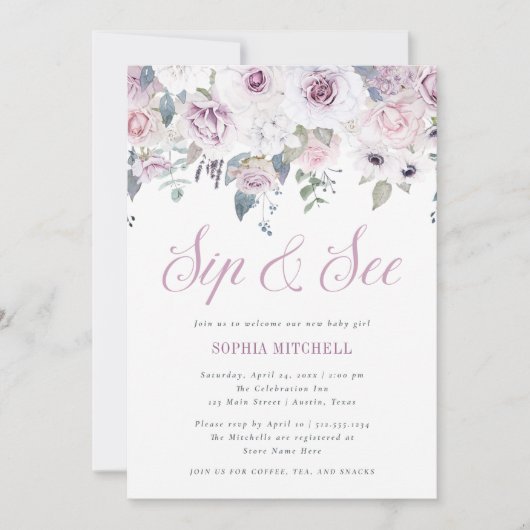 バイオレット赤面 |フローラベビーシャワーSipとSee 招待状 (正面)