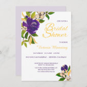 バイオレット金ゴールドウォーターカラーブーケブライダルシャワー 招待状 (正面/裏面)