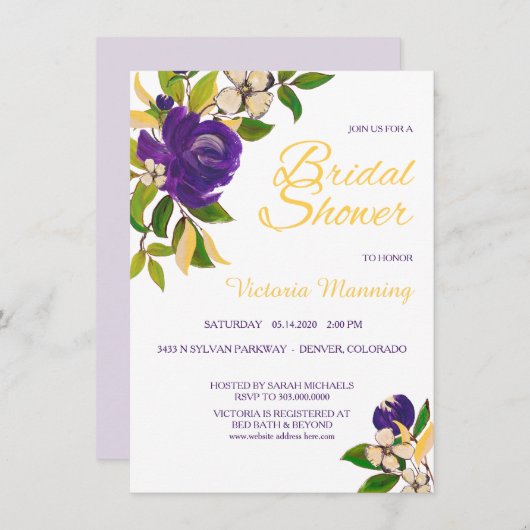 バイオレット金ゴールドウォーターカラーブーケブライダルシャワー 招待状 (正面/裏面)