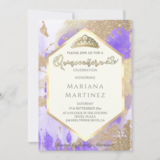 バイオレット金ゴールド水色幾何学的キンセアニラ 招待状 (正面)