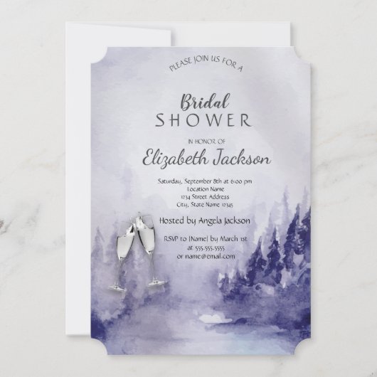バイオレット ウィンター ランドスケープ ワイングラス ブライダル シャワー 招待状 (正面)