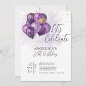 バイオレット ゴールド バルーン 誕生日を祝おう 招待状 (正面)