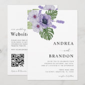 バイオレット トロピカル リーフ ボタニカル オールインワン ウェディング 招待状 (正面/裏面)