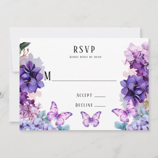 バイオレット ハイドランジア 花の蝶 RSVP カード (正面)