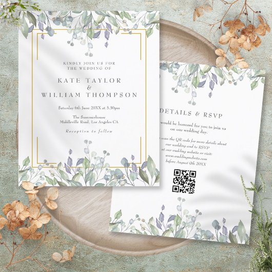 バイオレット フラワー QR コード ウェディング 招待状