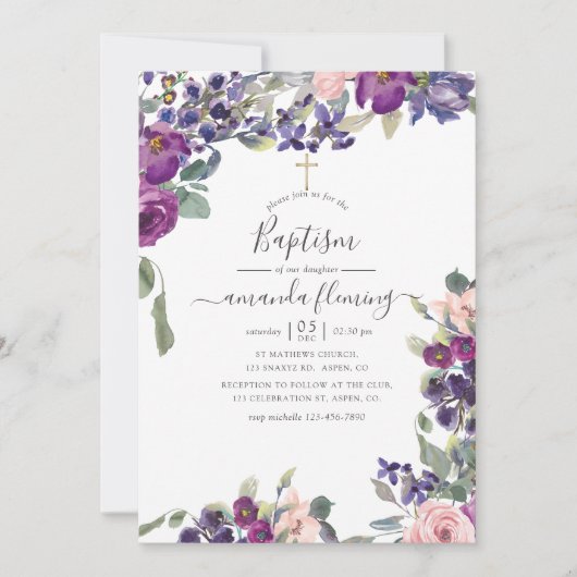 バイオレット、プラムと赤面フローラバプテスマ 招待状 (正面)