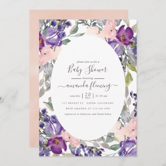 バイオレット、プラムと赤面フローラベビーシャワー 招待状 (正面/裏面)