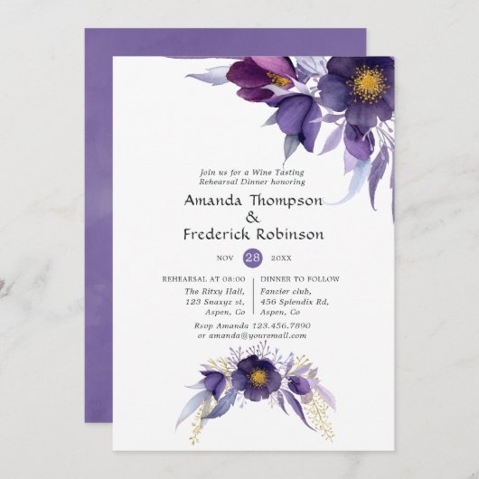 バイオレット プラム ウォーターカラー フローラル リハーサル ディナー 招待状 (正面/裏面)