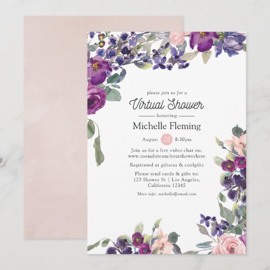 バイオレット、プラム＆ブラッシュ 仮想ベイビーシャワーまたはブライズシャワー 招待状 (正面/裏面)