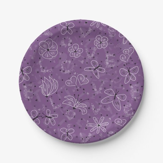 バイオレット マーブ バタフライ LOVE - シームレスパターン。 ペーパープレート (正面)
