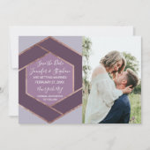 バイオレット ライラック パープル ローズ ゴールド ヘキサゴン セーブ デート 招待状 (正面)