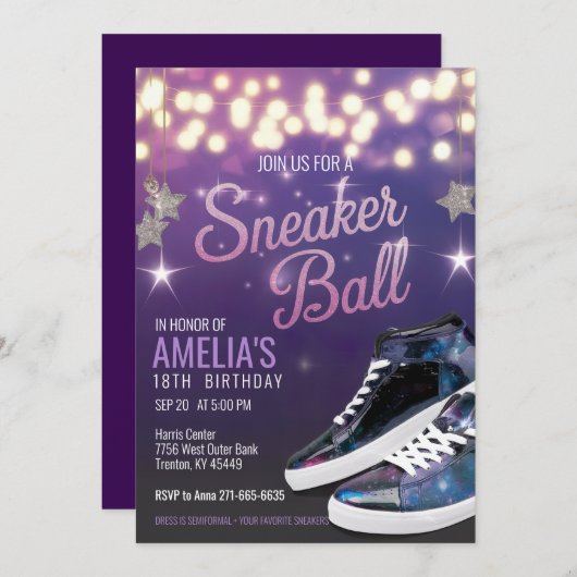 バイオレパーソナライズされたー鮮やかドスニーカーボール誕生日 招待状 (正面/裏面)
