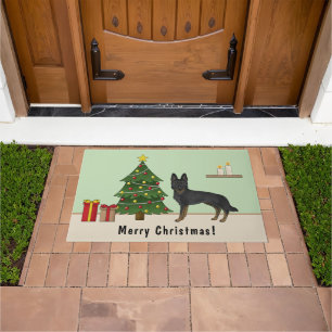 バイカラーブラックジャーマンシェパードのクリスマスツリー ドアマット