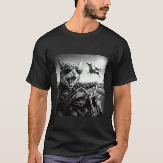 バイカー 猫 恐竜 チェイス 面白い オートバイ サングラス Tシャツ (正面)