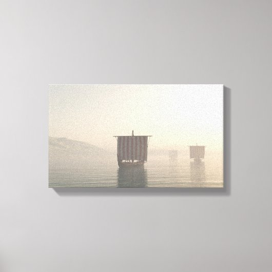 バイキングが霧の中で長い船 キャンバスプリント (正面)