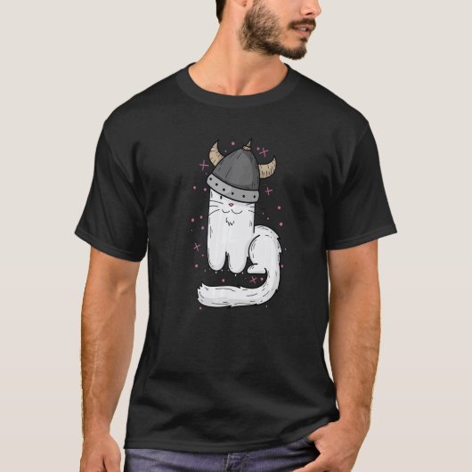 バイキングの兜と爪のある猫 Tシャツ (正面)