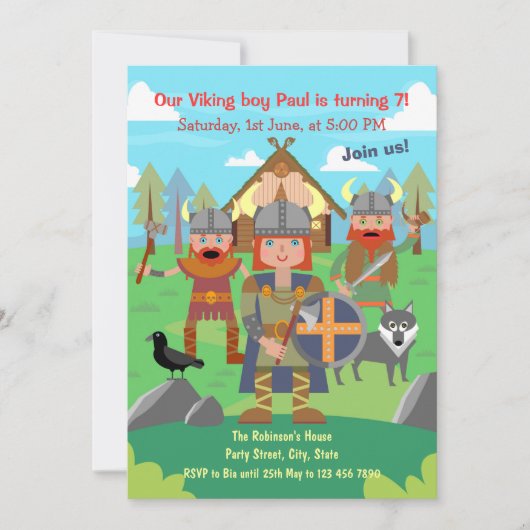 バイキングの子供たちをバースデーパーティーに呼びましょう 招待状 (正面)