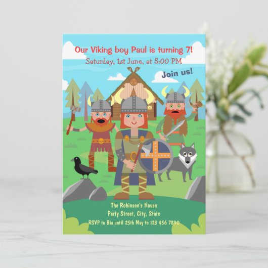 バイキングの子供たちをバースデーパーティーに呼びましょう 招待状 (スタンド正面)