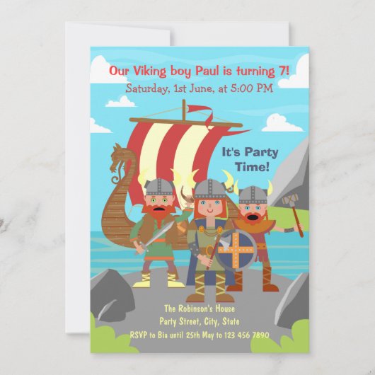 バイキングの子供たちをバースデーパーティーに呼びましょう 招待状 (正面)
