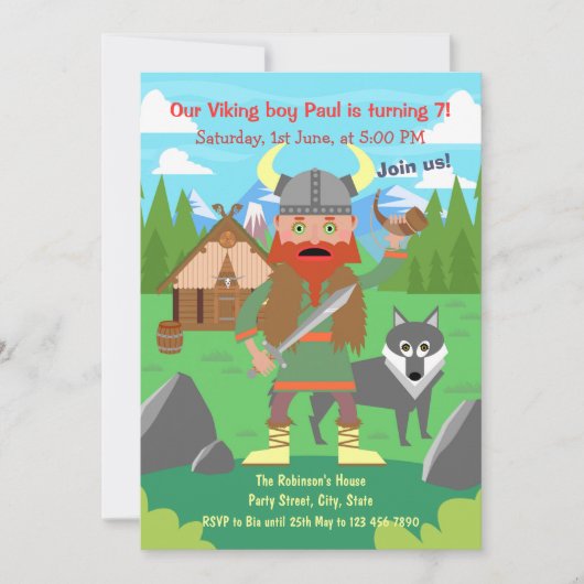 バイキングの子供たちをバースデーパーティーに呼びましょう 招待状 (正面)
