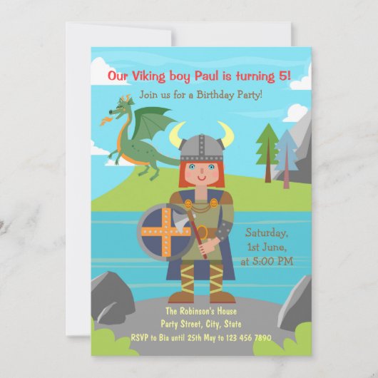 バイキングの少年とドラゴンの誕生日パーティー 招待状 (正面)