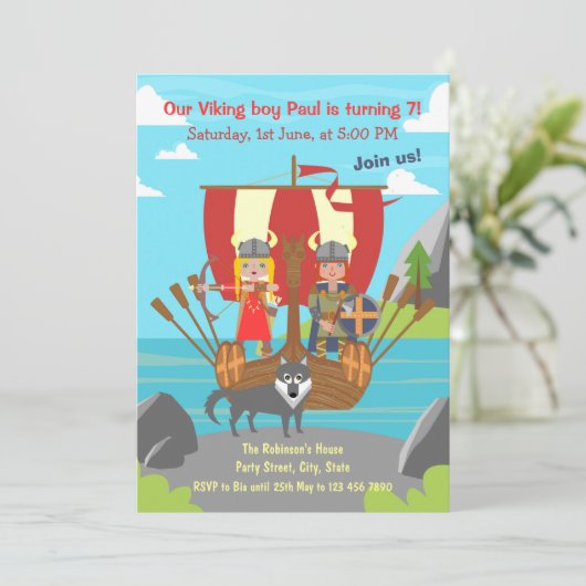 バイキングの男の子と女の子のバイキング船の誕生日パーティー 招待状 (スタンド正面)