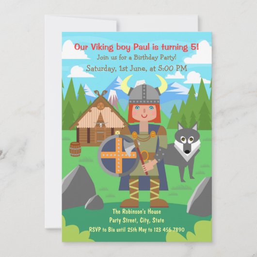 バイキングの男の子の戦士とペットの毛織の誕生日パーティー 招待状 (正面)