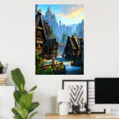 バイキングの町の滝と山 | AI Art ポスター (ホームオフィス)