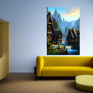 バイキングの町の滝と山   AI Art ポスター