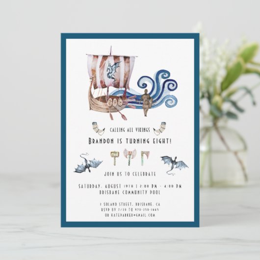 バイキングをテーマにした誕生日パーティーの招待状 招待状 (スタンド正面)
