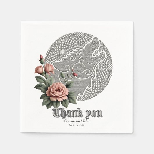 バイキングウルフ&バラ。オオカミの頭を様式化。 スタンダードカクテルナプキン (正面)