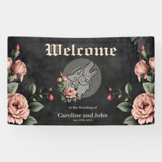 バイキングウルフ&バラ。オオカミの頭を様式化。 横断幕 (横)