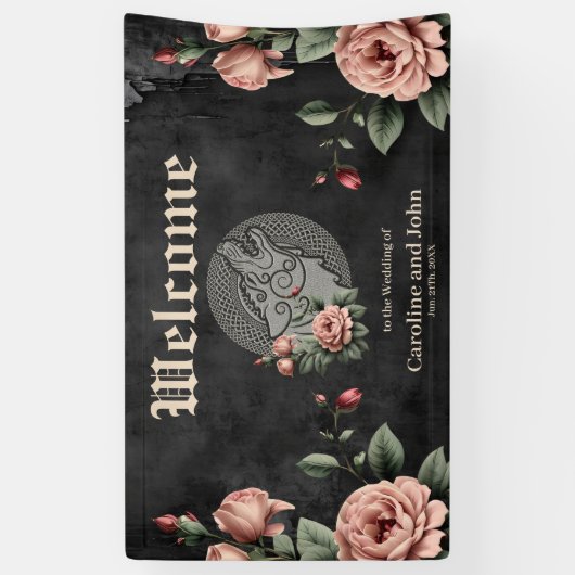 バイキングウルフ&バラ。オオカミの頭を様式化。 横断幕 (縦)