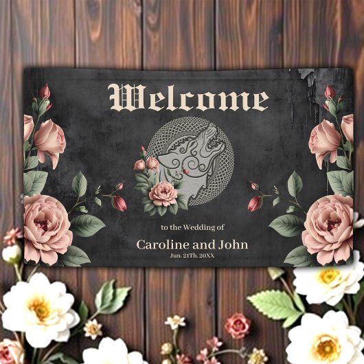 バイキングウルフ&バラ。オオカミの頭を様式化。 横断幕