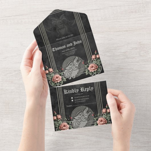 バイキングウルフ&バラ。様式化した狼の頭 オールインワン招待状 (貼ってはがせる)