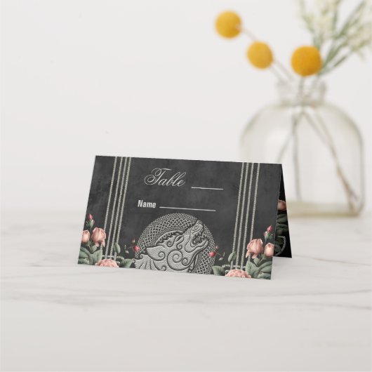 バイキングウルフ&バラ。様式化した狼の頭 プレイスカード (正面)