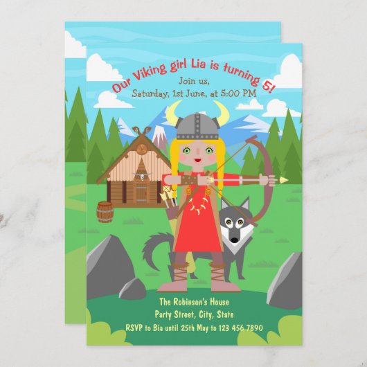 バイキングガールとオオカミのペットの誕生日パーティー 招待状 (正面/裏面)
