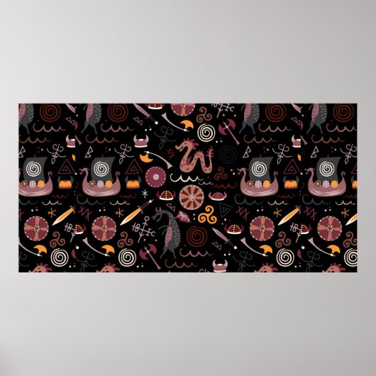 バイキングパターンシームレスデザイン図 ポスター (正面)