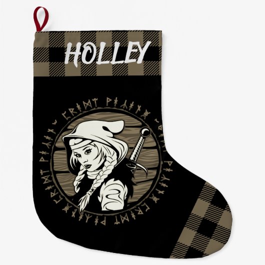 バイキングパーソナライズされたアーチャーメイドルーンタンブラック ラージクリスマスストッキング (正面)