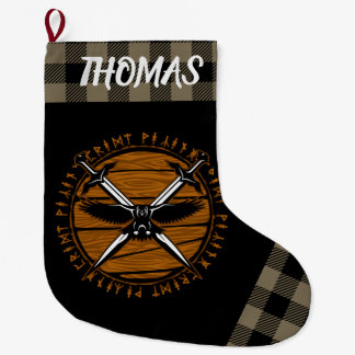 バイキングパーソナライズされたクロスソードルンタンブラック ラージクリスマスストッキング